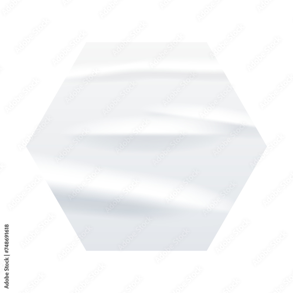 Poster crumpled white paper hexagon sticker vector illustration. wrinkled glued label hexagonal shape. real
