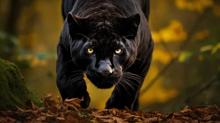Poster Black panther prowling in autumn fliage. Majestic black panther stalks forward among fallen autumn leaves, its intense gaze captured in a vibrant forest setting. © Pungu x