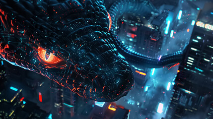 Cybernetic dragon roaming a futuristic city. Cybernetic dragon flying among towering skyscrapers at night, illuminating a high-tech metropolis.