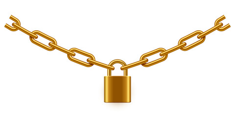 Padlock and chain vector illustration. Steel gold lock with link isolated on white background. Secure privacy and business information. Personal data protection. Safety golden concept © backup16