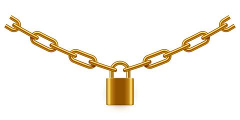 Padlock and chain vector illustration. Steel gold lock with link isolated on white background. Secure privacy and business information. Personal data protection. Safety golden concept