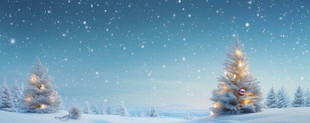Fototapeta na wymiar Beautiful christmas tree in fairytale snowy landscape. Wallpaper and background.