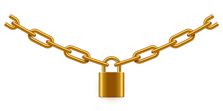 Padlock and chain vector illustration. Steel gold lock with link isolated on white background. Secure privacy and business information. Personal data protection. Safety golden concept