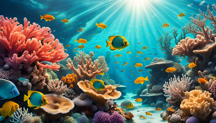 Korallen bunt Riff Korallenriff mit Fischen in türkis blauen Wasser in Meer und Ozean, wie Karibik mit Sonne Lichtstrahlen hell und lebendig voller Leben Aquarium Mehresbewohner Urlaub tauchen Hai - obrazy, fototapety, plakaty