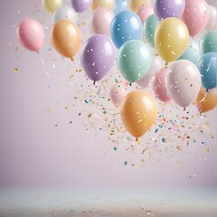 Festive background with pastel multicolored balloons, falling confetti, blurred background and side lighting
