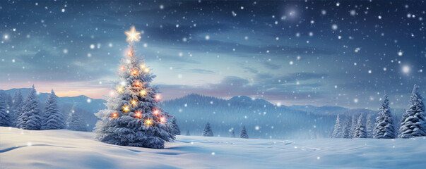 Beautiful christmas tree in fairytale snowy landscape. Wallpaper and background.