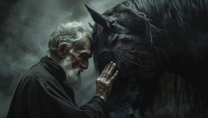 an old man stands by a large dark horse in a gloomy vintage atmosphere.