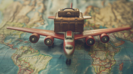 Antique Miniature Airplane with Luggage on World Map, Vintage Aviation and Global Travel Concept