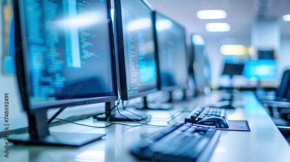 Poster captivating scene of a bright modern office with a row of computer screens in shallow depth of field