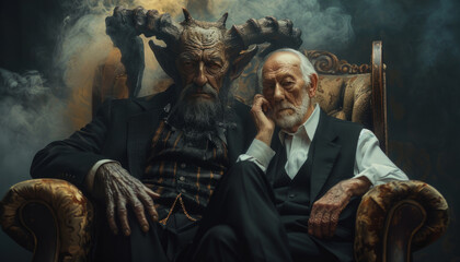 A pact with the devil or Satan, the old sinner listens to the advice of the devil from hell. The evil intent of a person. - obrazy, fototapety, plakaty