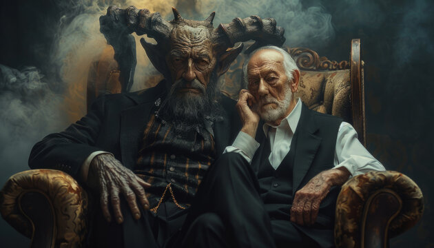 A pact with the devil or Satan, the old sinner listens to the advice of the devil from hell. The evil intent of a person.