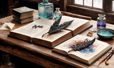 Fototapeta na wymiar Open books with elegant feather quills rest on an old scholar's desk, embodying a scene of classic artistry and study. The scene is rich with detail, suggesting hours of creative exploration.