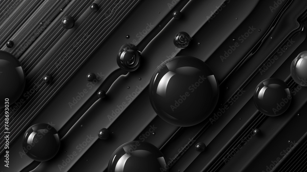 Poster glossy black spheres of various sizes on a dark striped texture, creating a modern abstract concept.
