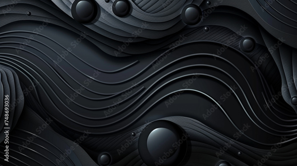 Poster monochromatic abstract design with undulating black waves and spherical elements for a modern aesthe
