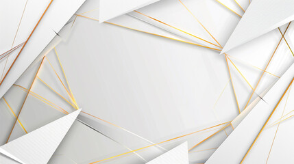 Modern abstract background featuring white 3D geometric shapes with elegant gold lines, ideal for sophisticated designs.