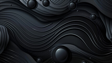 Monochromatic abstract design with undulating black waves and spherical elements for a modern aesthetic.