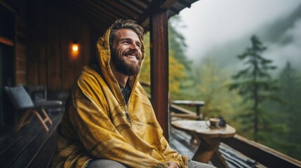 A Man in a yellow raincoat sits on the veranda of a wooden house on a rainy day against the background of a forest in the mountains. Horizontal Banner, Nature, Travel, Lifestyle, Summer, Copy Space.