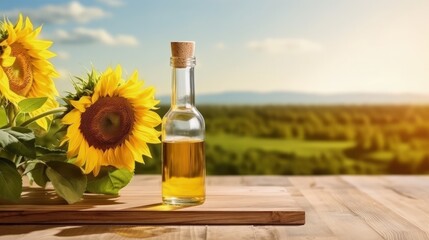 A bottle of sunflower oil sits on a wooden table, surrounded by a backdrop of sunflowers.