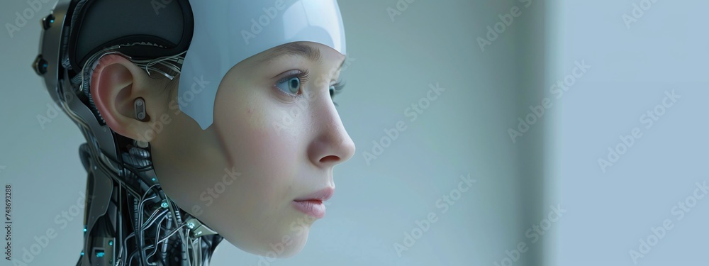 Poster captivating depiction of artificial intelligence as a humanoid robot, blending human-like features w
