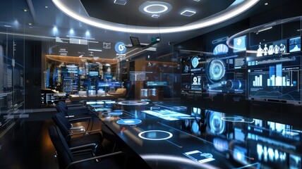 Futuristic control room with digital data - Ultra-modern command center displaying sophisticated digital interfaces and information panels, emphasizing high-tech operations and strategic monitoring