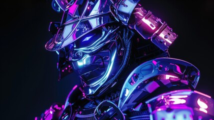 Futuristic robotic figure in neon lights - A detailed image of a futuristic robotic figure with intricate design lit by vibrant neon lights