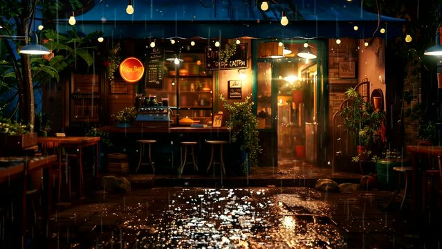 Lofi rainy restaurant at night. seamless looping 4k time-lapse animation video background