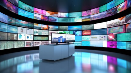 The multimedia news studio features a dynamic video wall that displays various content in real-time.