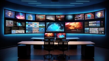 The multimedia news studio features a dynamic video wall that displays various content in real-time.