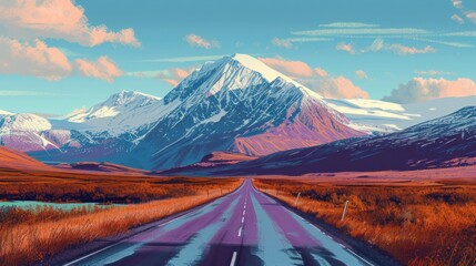 a painting of a road in the middle of a field with a mountain range in the background and clouds in the sky. - obrazy, fototapety, plakaty