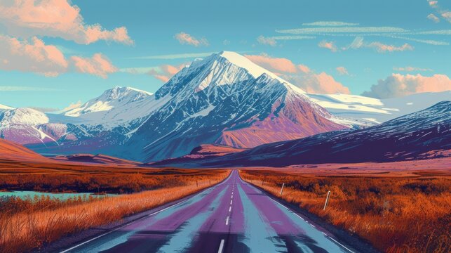 a painting of a road in the middle of a field with a mountain range in the background and clouds in the sky.