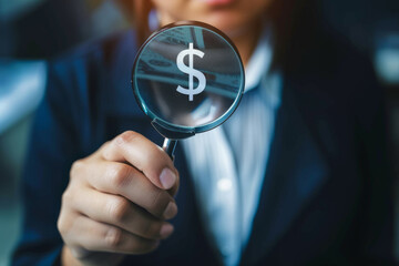 Magnifying glass in hand, focusing on a US dollar icon to symbolize the process of discovering strategies for earning money