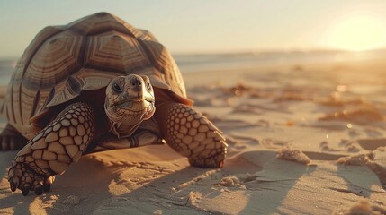 captivating outdoor scene featuring a tortoise exploring the sandy beach with its slow, deliberate movements - obrazy, fototapety, plakaty
