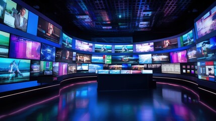 A studio with numerous liquid crystal televisions.