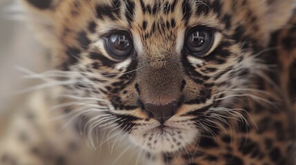 captivating closeup of a newborn baby leopard cub face, showcasing the adorable innocence of wildlife