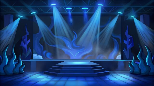 empty futuristic stage with blue neon lights. sci fi stage for scene, concert, concert hall stage with spotlights in the night scene.