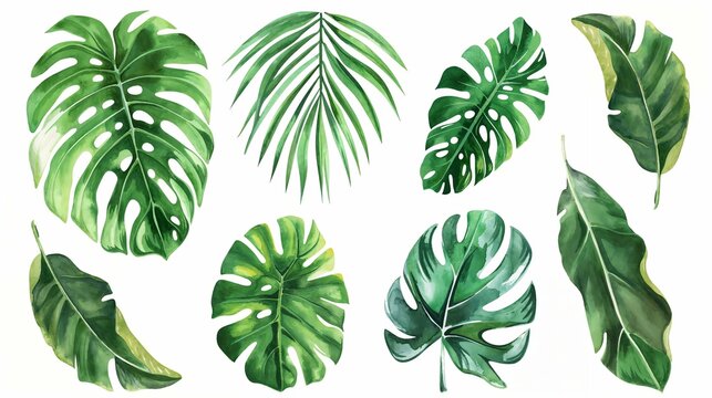 Assorted tropical monstera and palm leaves watercolor illustration on white background