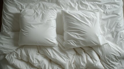 a pile of white pillows on top of a white bed with a white comforter and pillows on top of it.