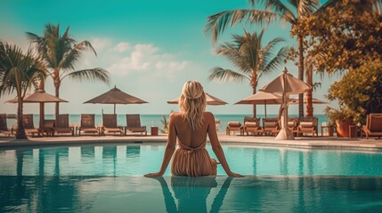A woman is relaxing and enjoying herself in the pool