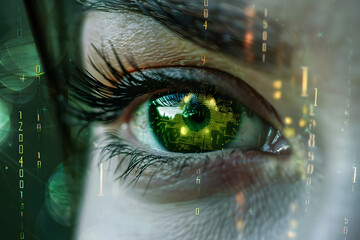 Cyber surveilance concept - closeup of human eye with hud elements - obrazy, fototapety, plakaty