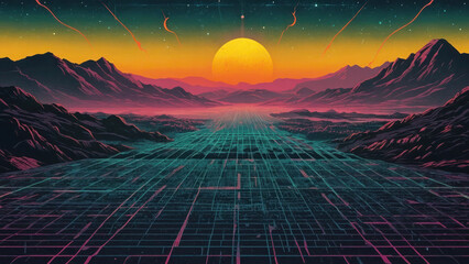 Abstract background in the style of the 70s-80s. Landscape in retro colors, neon lines. Mountains and a huge moon and sun. - obrazy, fototapety, plakaty