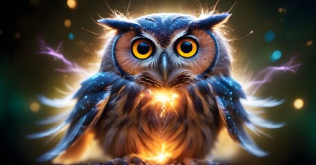 In this enchanting scene, an owl's feathers twinkle with a magical light, as it sits beneath a canopy of starry specks, exuding a sense of wonder and mystery. AI generation