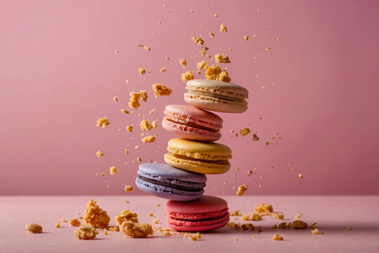 Bright advertising photo, banner. A tower of four macaroons of different colors on a plain background. Sweet dessert, flying sweets.