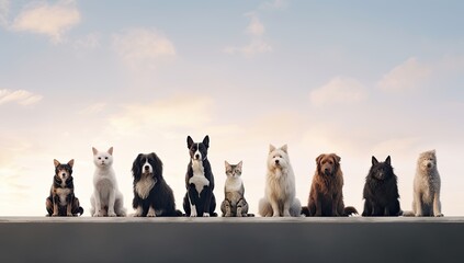 dogs and cats standing together in front of white background - obrazy, fototapety, plakaty
