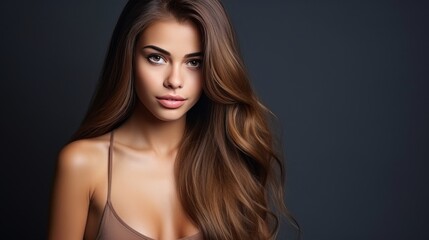 Young woman with long smooth brown hair and glowing skin for hair and skin care products