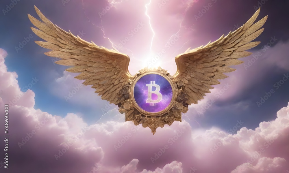 Poster a symbolic golden bitcoin with wings rises against a backdrop of stormy clouds and lightning, repres