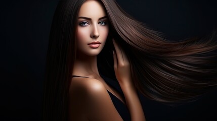 Fototapeta premium Model with shiny brown hair and smooth skin for hair and skin care - natural beauty