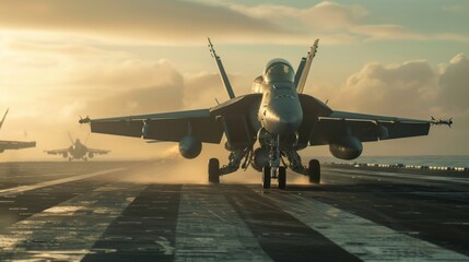 The military aircraft carrier is deploying its fighter jets - obrazy, fototapety, plakaty