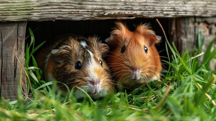 Fototapeta premium Two guinea pigs peeking out from a wooden hideout in the grass.