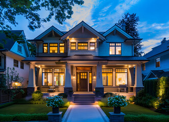 beautiful exterior of a large house at night, in the style of light white and gray