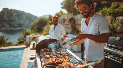Happy friends grilling meat on barbecue grill outdoors. People having fun on summer vacation. - obrazy, fototapety, plakaty